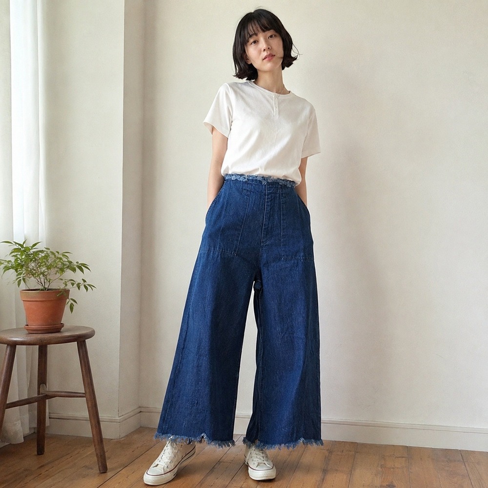 Lowrys Farm Womens Jeans Large Blue Fringed Hem Wide Leg High Rise Boho
